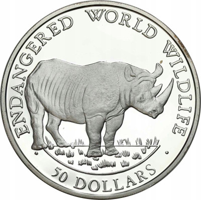 Wyspy Cooka 50 dolarów, 1990 - nosorożec - SREBRO