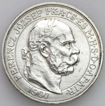 Węgry. FJ I. 5 koron 1907 KB, Kremnica – SREBRO