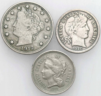 USA. 3 centy 1868, 10 centów 1916, 5 centów 1912