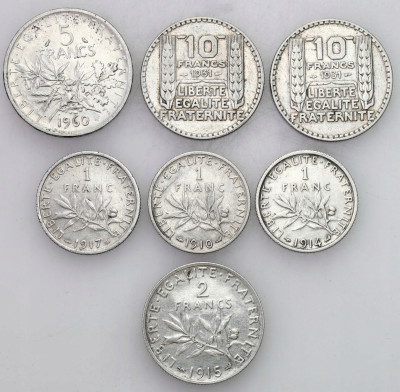 Francja. 1-10 franków 1910-1960. SREBRO – 7 szt
