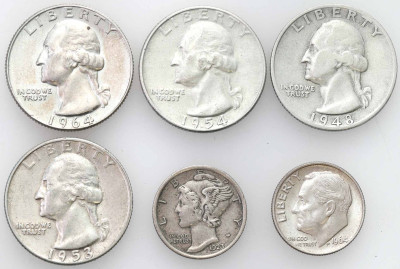 USA. 10 do 25 centów 1923-1964, 6 szt.