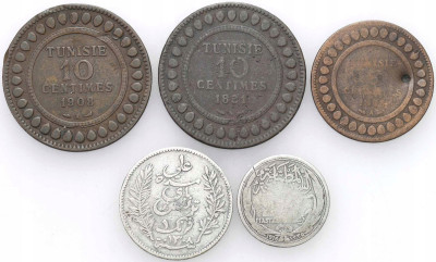Tunezja Egipt 5 centimes do 1 franka, zestaw 5 szt