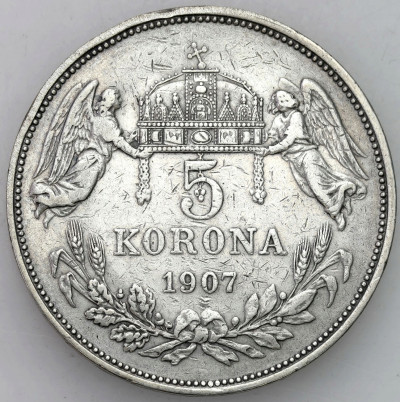 Węgry. FJ I. 5 koron 1907 KB, Kremnica – SREBRO
