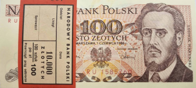 PRL. 100 złotych 1986 seria RU paczka 100 szt.