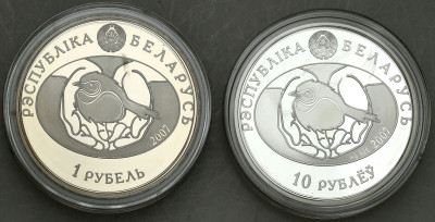 Białoruś 1 + 10 rubli 2007 słowik - zestaw 2 sztuk