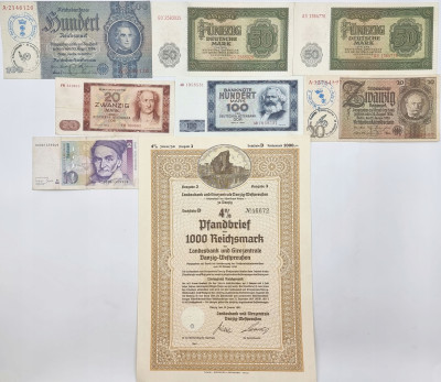 Niemcy Papiery wartościowe i banknoty zestaw 8 szt