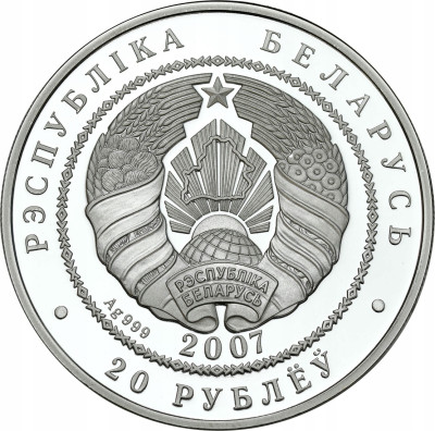 Białoruś 20 rubli 2007 Wilk SREBRO