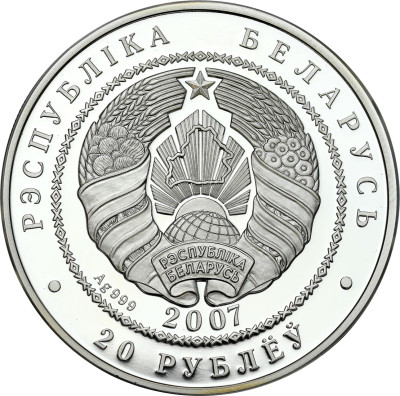 Białoruś 20 Rubli 2007 Wilki SREBRO