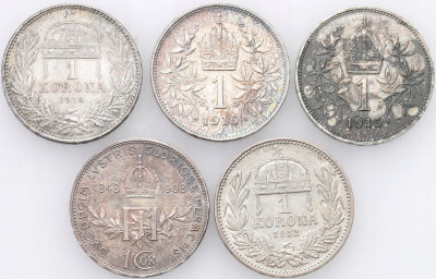 Austria, Węgry. 1 korona 1908-1916 SREBRO – 5 szt.