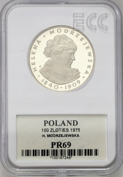 100 złotych 1975 Modrzejewska - GCN PR69 - SREBRO