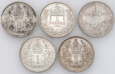 Austria, Węgry. 1 korona 1908-1916 SREBRO – 5 szt.