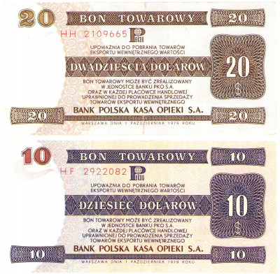 10 – 20 dolarów 1979 bon towarowy PKO – 2 sztuki