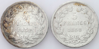 Francja, 5 franków 1832 i 1838 W, Lille