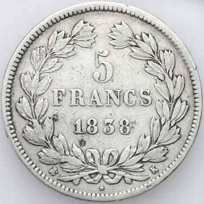 Francja, Ludwik Filip I 5 franków 1838 K, Bordeaux