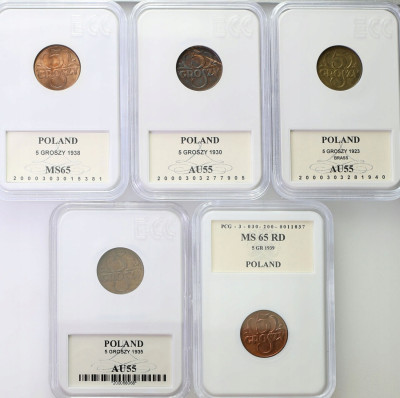 II RP. 5 groszy 1923-1939 GCN, PCG zestaw 5 monet