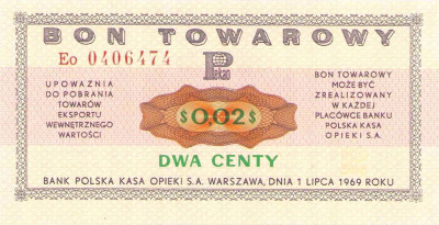 Bon Towarowy PEKAO 2 centy 1969 seria Eo