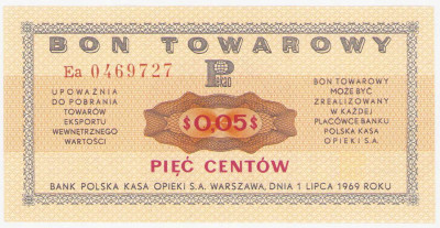 Bon towarowy PEKAO na 5 centów 1969 seria Ea