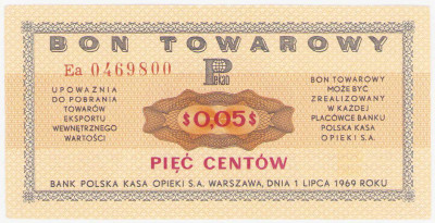 Bon towarowy PEKAO na 5 centów 1969 seria Ea