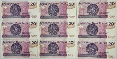 Polska. Banknoty 20 złotych 2016 obiegowe – 9 sztuk