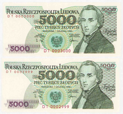 PRL. 5.000 złotych 1988 Chopin – 2 sztuk