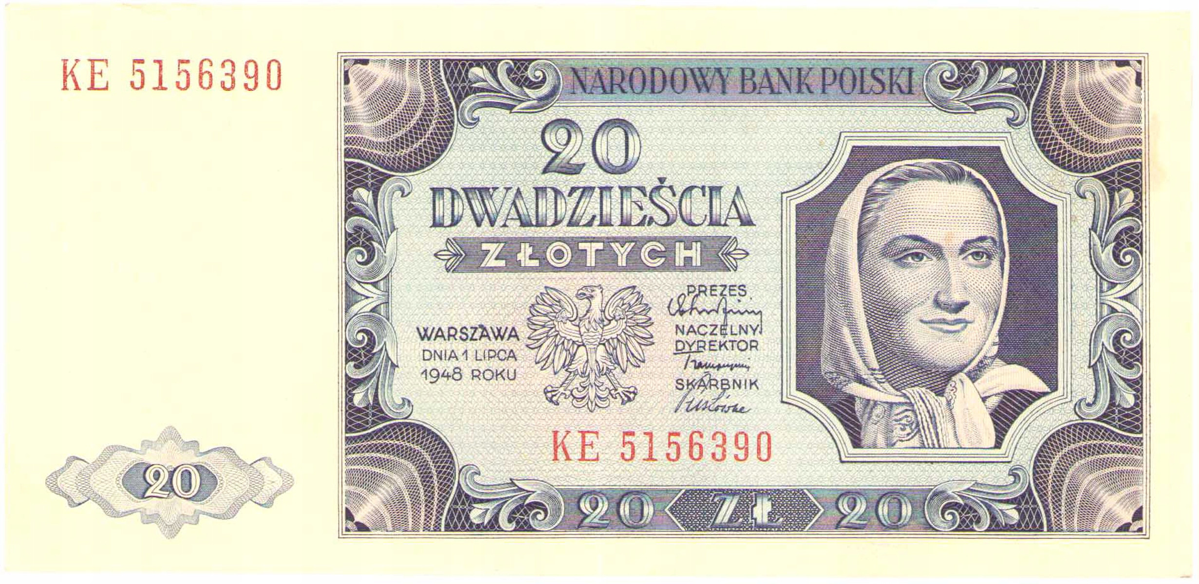 Rzadszy - 20 złotych 1948 seria KE