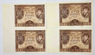 100 złotych 1934 seria CE, 4 sztuki - KOLEJNE NUMERY