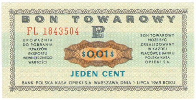 Bon towarowy PEKAO na 1 cent 1969 seria FL – PIĘKNY