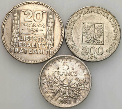 Polska, Francja, zestaw 3 monet srebrnych - SREBRO