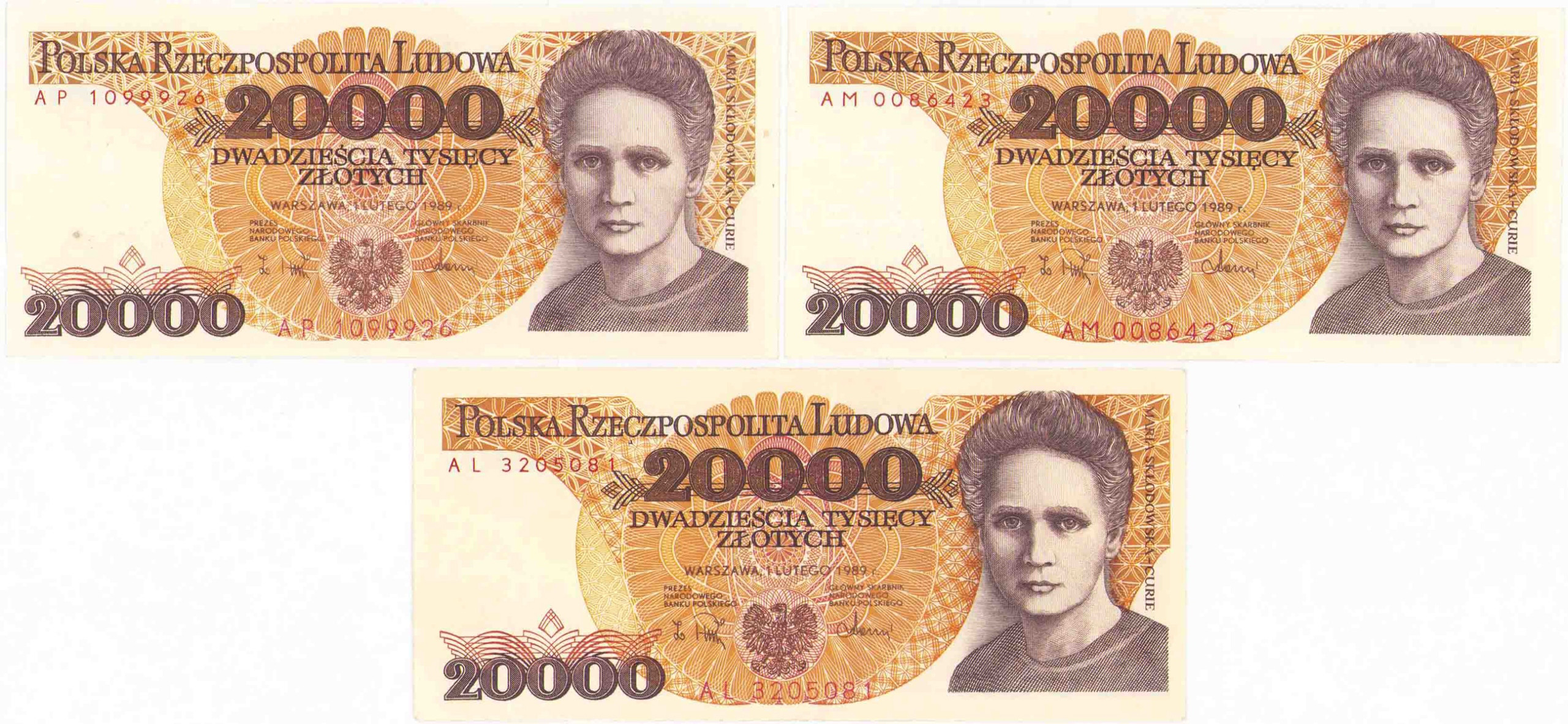 PRL. 20000 złotych 1989 Skłodowska-Curie - 3 sztuk