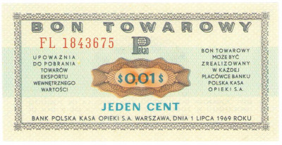 Bon towarowy PEKAO na 1 cent 1969 seria FL – PIĘKNY