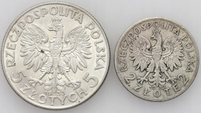 II RP. 2 złote 1932 i 5 złotych 1933 głowa kobiety