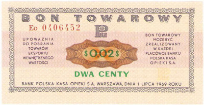Bon towarowy PEKAO na 2 centów 1969 seria Eo