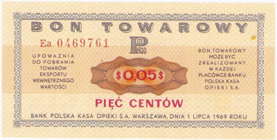 Bon towarowy PEKAO na 5 centów 1969 seria Ea