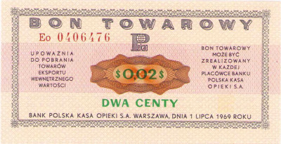 Bank PEKAO S.A. Bon na 2 centy 1969 seria Eo