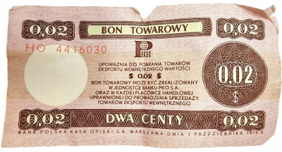 Polska 2 Centy 1979 seria HO bon towarowy Pekao