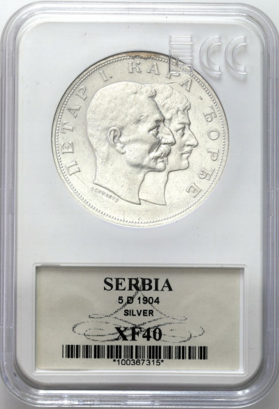 Serbia. 5 dinarów 1904, 100-lecie dynastii Karadziordziewiciów – SREBRO