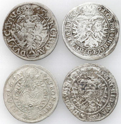 Austria / Śląsk. 3 krajcary 1665, 1693, 1695, 1701, zestaw 4 monet