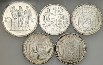 Czechosłowacja. 10 – 20 koron 1928-1933 SREBRO – 5 szt
