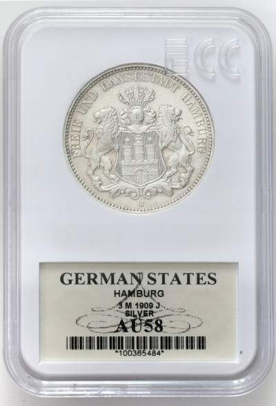 Niemcy, 3 marki 1909 J, Hamburg – SREBRO