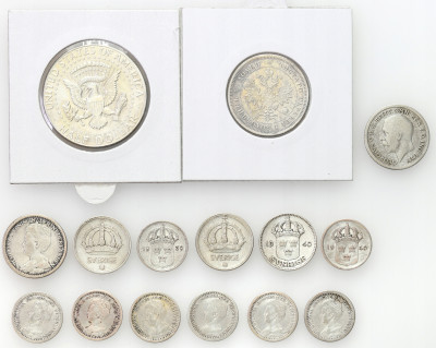 Szwecja, Anglia, USA, Rosja, zestaw monet SREBRO - 15 sztuk
