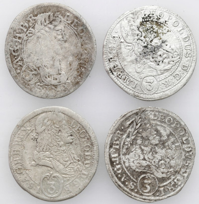 Austria / Śląsk. 3 krajcary 1665, 1693, 1695, 1701, zestaw 4 monet