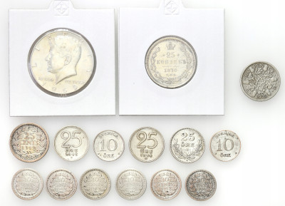 Szwecja, Anglia, USA, Rosja, zestaw monet SREBRO - 15 sztuk