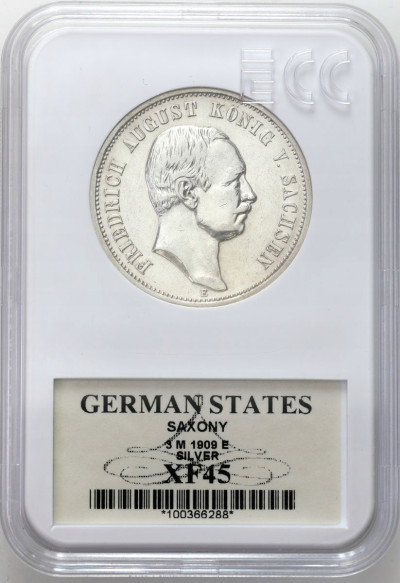 Niemcy, Saksonia. 3 marki 1909 E, Muldenhütten – SREBRO