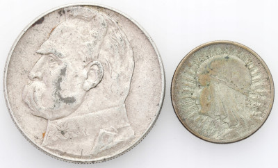 II RP. 10 złotych 1936 Piłsudski i 2 złote 1933 głowa kobiety