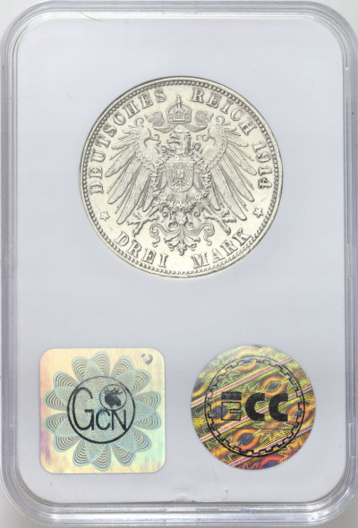 Niemcy, Wirtembergia. 3 marki 1914 F, Stuttgart – SREBRO