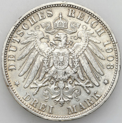 Niemcy, Bawaria. 3 marki 1908 D, Monachium – SREBRO