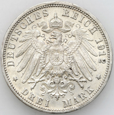 Niemcy, Wirtembergia. 3 marki 1912 F, Stuttgart – SREBRO
