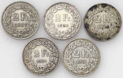 Szwajcaria. 2 franki 1920-1957, zestaw 5 sztuk - SREBRO