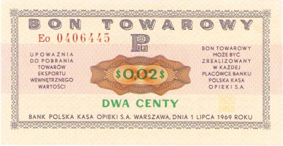 Bank PEKAO S.A. Bon na 2 centy 1969 seria Eo