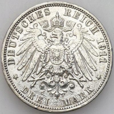 Niemcy, Prusy. Wilhelm II. 3 marki 1911 A, Berlin – SREBRO